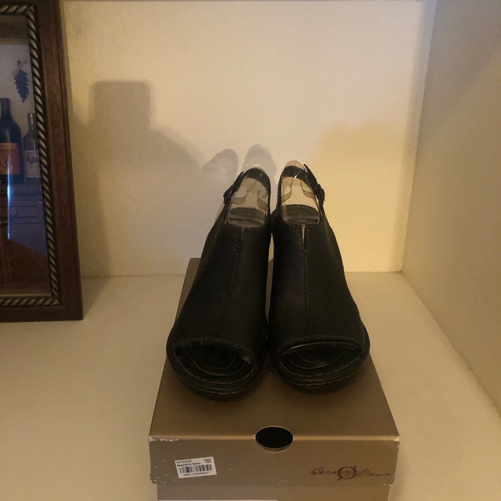 b.o.c. Black Peep-Toe Wedge Sandals with Ankle Strap